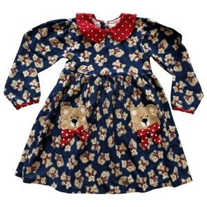 Buster Brown Girls 6X Teddy Bear Dress With Pockets Navy & Red Polka Dot Collar